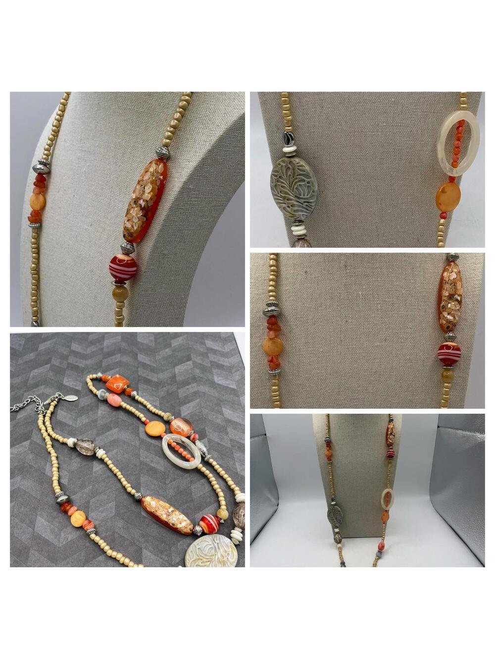 Chicos Necklace Vtg. Beaded Long Orange Yellow Beige  Sunset Hues Eye Catching